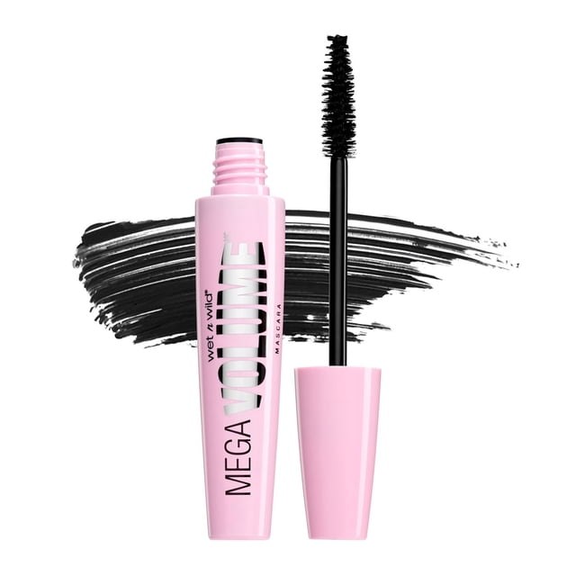 MEGA VOLUME WATERPROOF MASCARA by wet n wild with a glossy pink tube and black spiral fiber brush, shown open with a black mascara swatch behind, designed for waterproof, smudge-resistant, volumizing lash enhancement suitable for all-day wear.