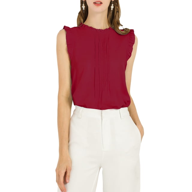 INSPIRE CHIC Women's Sleeveless Work Blouses Ruffled Pleated Chic Tops Burgundy S