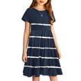thumbnail image 4 of Soldes de Liquidation d'Été Iumwxz Robe Tunique Plissée Robe Ample Ligne A Robes Col Rond Rayé Graphique Robe à Manches Courtes pour Enfants Robes Tendance pour Cadeaux des Fêtes 4-14a, 4 of 7