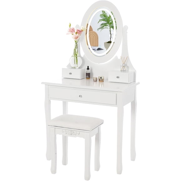 Coiffeuse avec Lumières DEL et Miroir - Table de Maquillage Moderne avec 3 Modes de Couleur, 3 Tiroirs et Tabouret Rembourré pour Femmes, Blanc