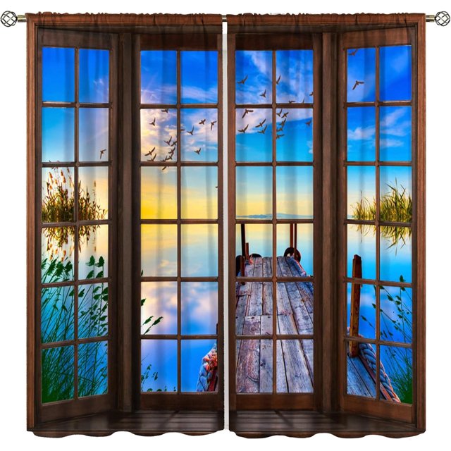 Landscape Curtains Nature Theme Window Drapes with River Snow Mountain Cloud Scenery Scene Design Print Pattern Rod Pocket Decor Curtains for Bedroom Living Room Office 2 Panels 42 x 63 Inch