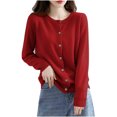 thumbnail image 1 of Womens Lightweight Knit Cardigan Long Sleeve Button Down Cardigans Sweater Fall Soft Crew Neck Shrugs Tops Wine, L, 1 of 5