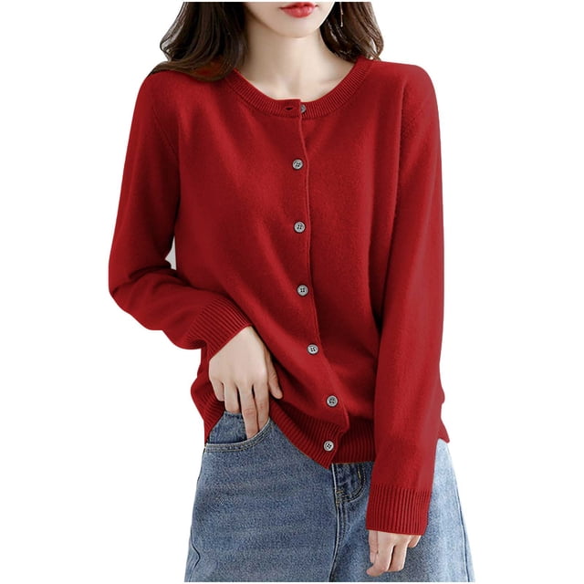 Womens Lightweight Knit Cardigan Long Sleeve Button Down Cardigans Sweater Fall Soft Crew Neck Shrugs Tops Wine, L