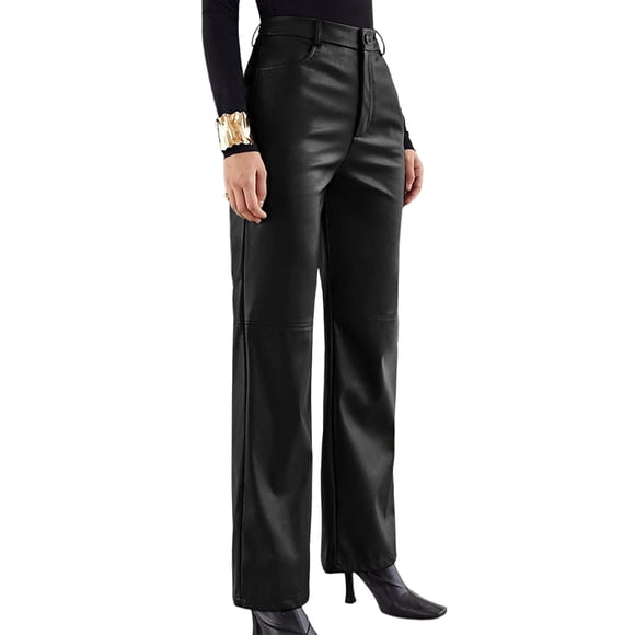 Gupgi Women Leather Pants High Waist Straight Slimming Pocket Fall Trousers