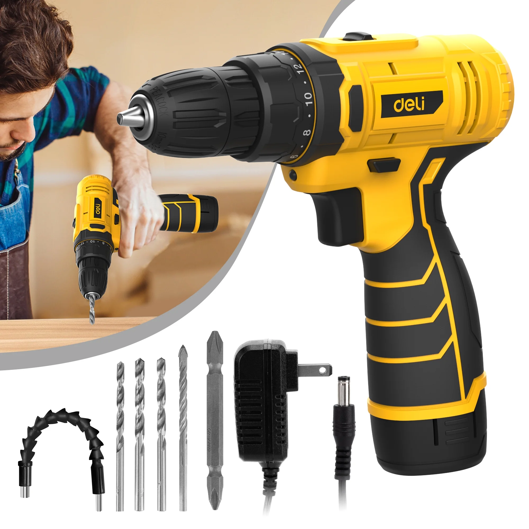 Refurbished Deli EDL-DZ12-4A2 12V Max Lithium-Ion Cordless Impact Drill Driver Set with 2.0Ah Battery Charger