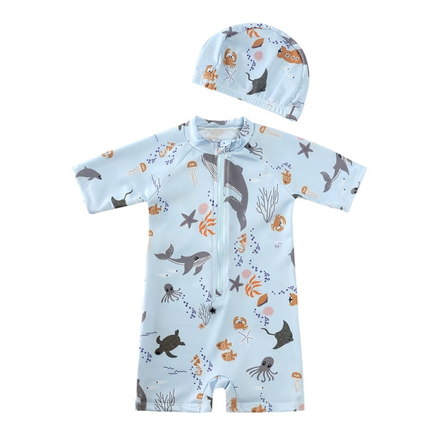 Hiiyo Toddler Boys Short Sleeve Zip-Up Rash Guard One-Piece Swimsuit UPF 50+ Bathing Suit