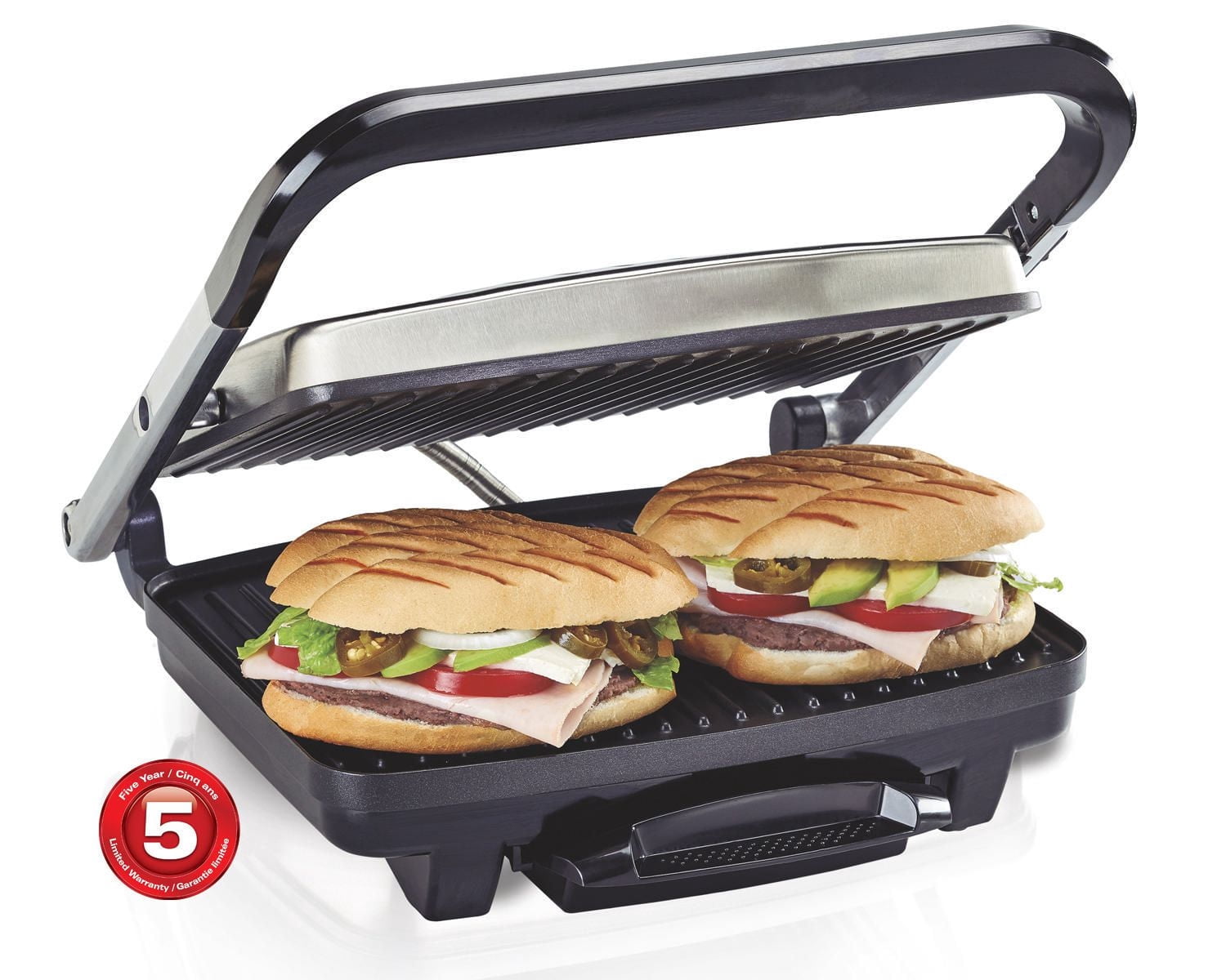 Hamilton Beach Panini Press & Indoor Electric Grill, 1500 Watts, Nonstick Plates, Stainless Steel, 25410