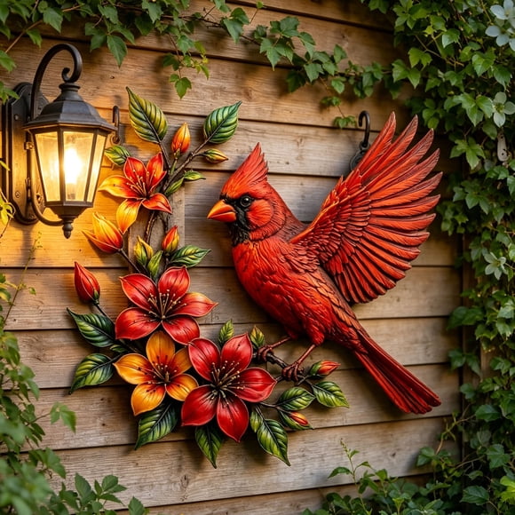 ZZkhGO Metal Wall Art, Colorful Bird Flower Wall Decor, Garden Iron Art Painting with Layered Leaves, Hanging Wall Sculpture for Porch Patio Fence Entryway