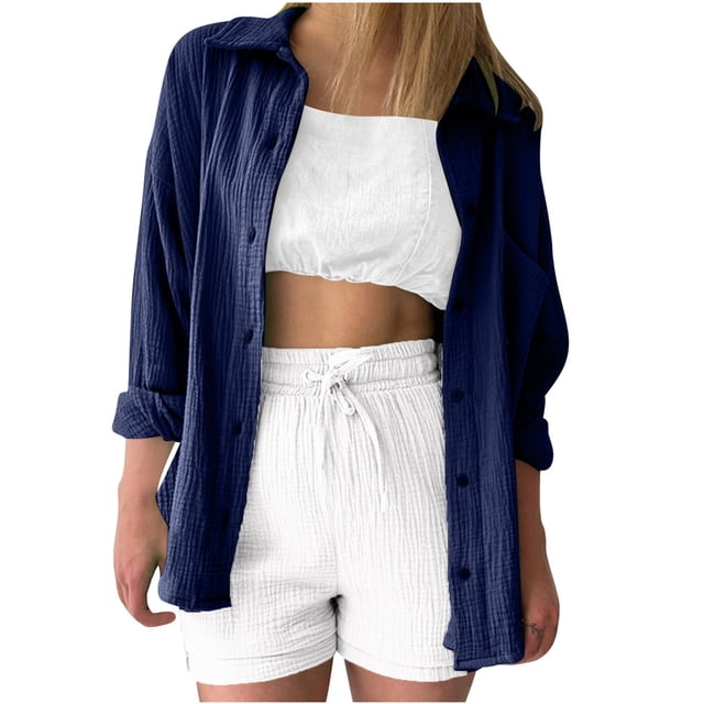 Yuyuzo Button down Shirts for Women Long Sleeve Collared Casual Loose Textured Oversized Blouses