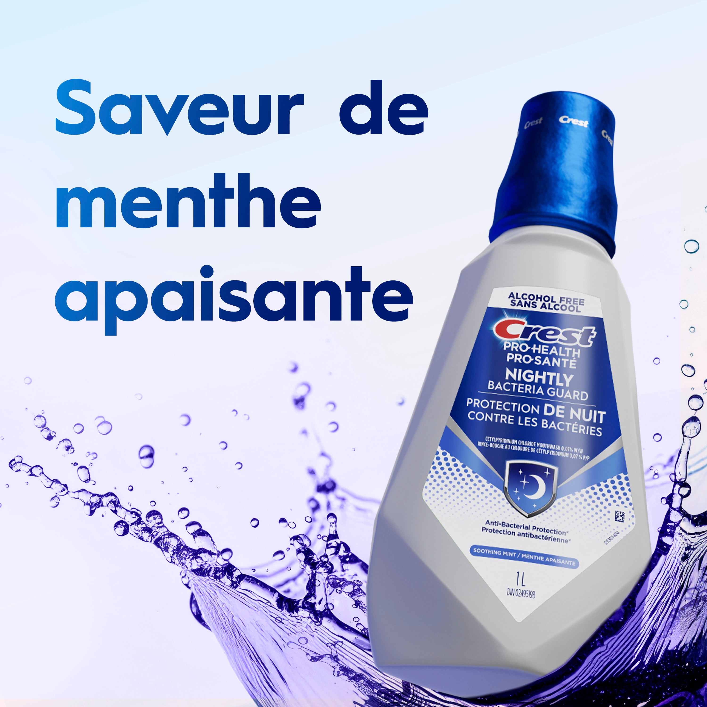 Rince-bouche Crest Pro-Santé Protection de nuit contre les bactéries, antibactérien pour une protection de nuit, sans alcool, antigingivite, antiplaque, Menthe apaisante, 1 L