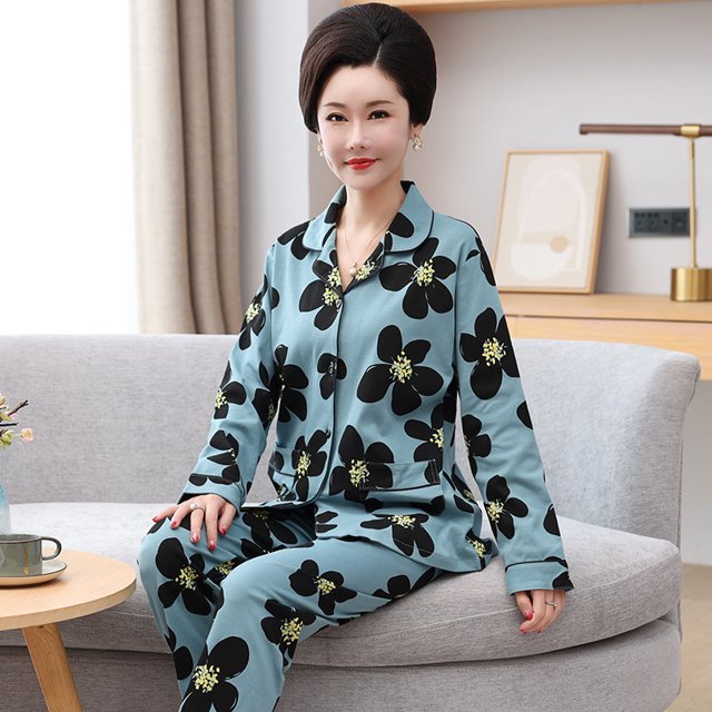 REDHOTYPE Femmes Matures Mode Imprimé Pyjama pour Dames Manches Longues Pantalon Long Coton Grande Taille Col Rond Tenue de Détente Ensemble Deux Pièces
