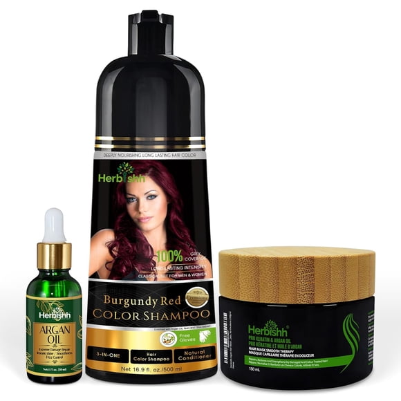 Herbishh Color Shampoo Combo - Hair Color Shampoo Hair Dye 500ml, Argan Oil 30ml Pro Keratin, Argan Hair Mask 100gm For Hair Straightening, Shine And Protection (Burgundy Red)