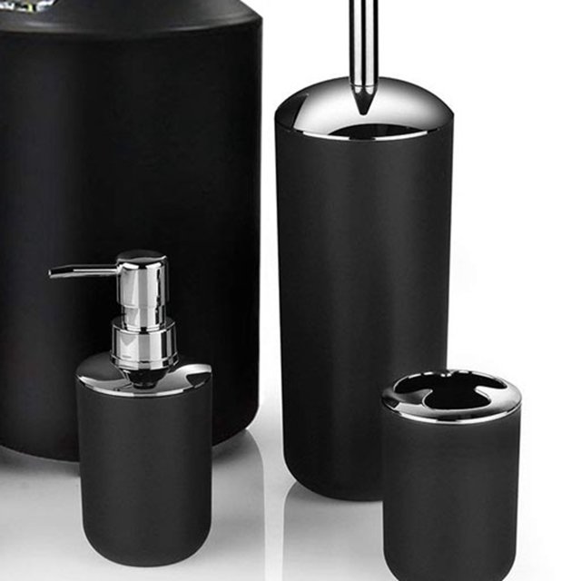 <p>Trash Can Lotion Dispenser Set, Trash Can Toothbrush Holder Set Anti-Scratch Black Toilet Brush For Home</p>
