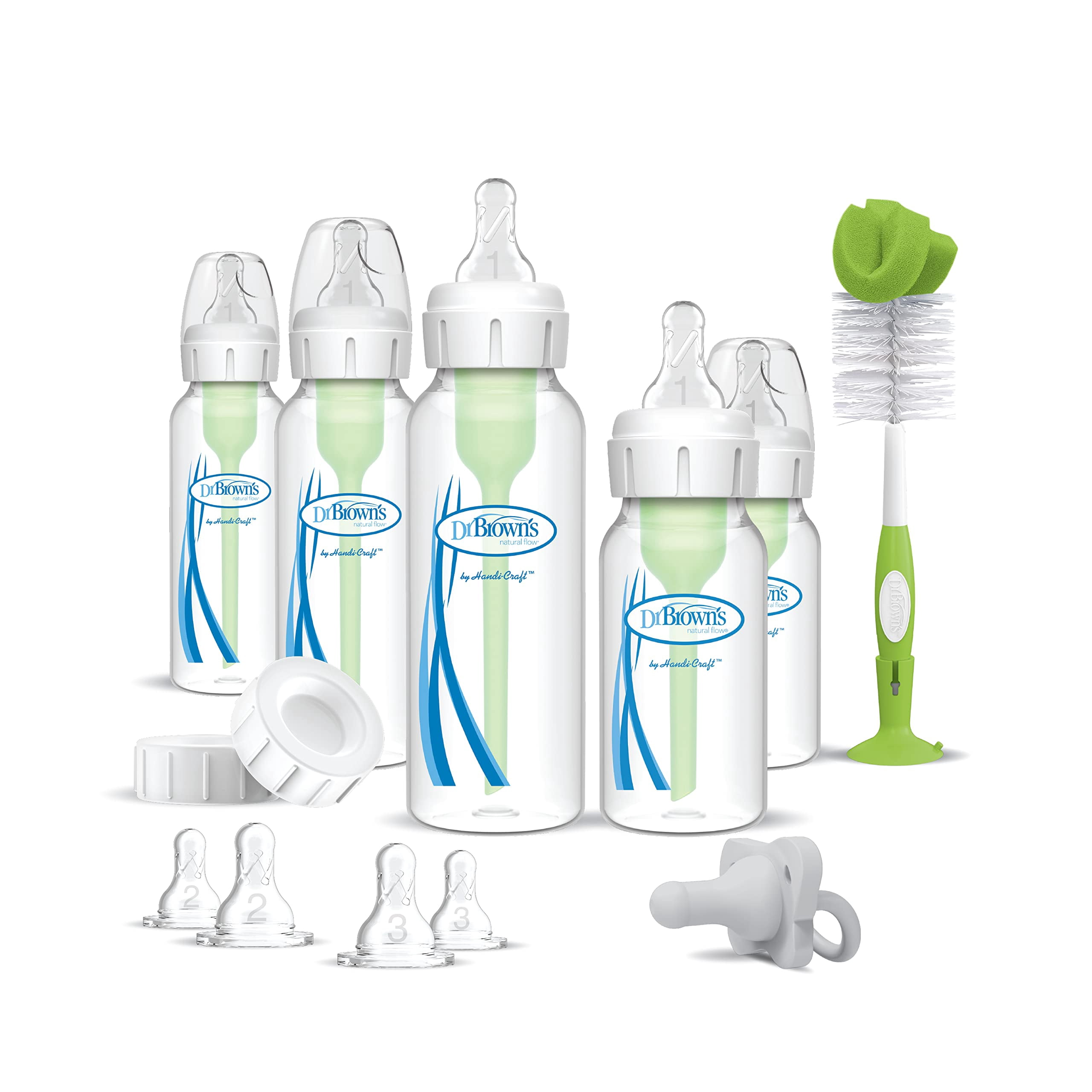 Dr. Brownâ€™s Anti-Colic Options+ Narrow Baby Bottle Newborn Essentials Gift Set with 4oz & 8oz Bottles, Baby Bottle Brush & 100% Silicone HappyPaci