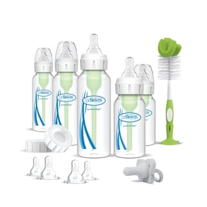 Dr. Brownâ€™s Anti-Colic Options+ Narrow Baby Bottle Newborn Essentials Gift Set with 4oz & 8oz Bottles, Baby Bottle Brush & 100% Silicone HappyPaci