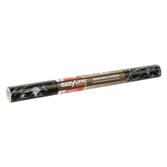 EasyLiner Contact Paper Removeable Adhesive Shelf Liner in black marble pattern, 20 in. x 20 ft. roll with self-adhesive backing and pre-printed measuring guidelines, ideal for resurfacing kitchen shelves and drawers, wipes clean and removes easily without residue.