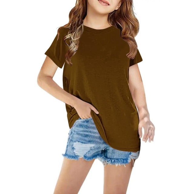 T-Shirts pour Filles Col Rond Manches Courtes Été Hauts Enfants Basiques 3-14 Ans