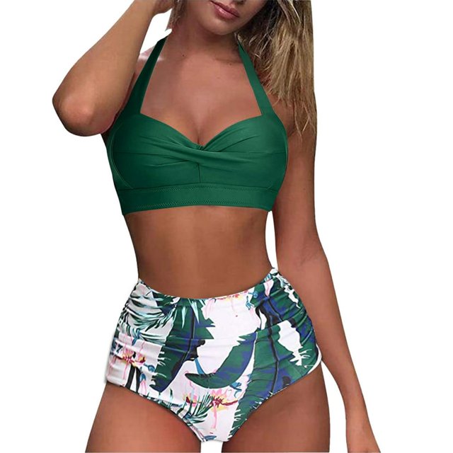 Women Vintage Swimsuit Two Piece Retro Halter Ruched High Waist Print Bikini Set