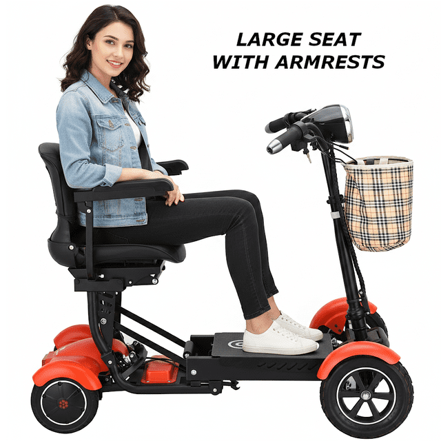 Large Seat Comfortable Mobility Scooter with Foldable Design, 300lb Capacity, Powerful Double Motors 360W, LED Headlights - Matte Red. The image shows a side view of the Bangeran Dragon Mobile EX Scooter with a wide faux leather seat, padded armrests, and an adjustable handlebar. The scooter features a plaid-patterned front basket, sturdy aluminum alloy wheels, and a matte red finish. A person is seated comfortably, demonstrating its ergonomic design. This lightweight, airline-friendly scooter is equipped with a 7.5AH lithium battery, offering a range of up to 12 miles on various terrains. Key features include LED headlights and brake lights for enhanced visibility and safety, aligning with automotive lighting standards. Additional features include three speed settings for a customizable ride.