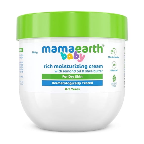 Mamaearth Crème Hydratante Riche pour Bébé à l'Huile d'Amande et au Beurre de Karité pour Peau Sèche - 200 g / pour le Visage et le Corps / Hydratation 24 Heures / Nourrit et Adoucit la Peau