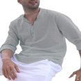 thumbnail image 3 of Men‘s Henley Shirt  Solid Color Long Sleeve Stand Collar Button-Down Loose Simple Linen Beach Tops, 3 of 6