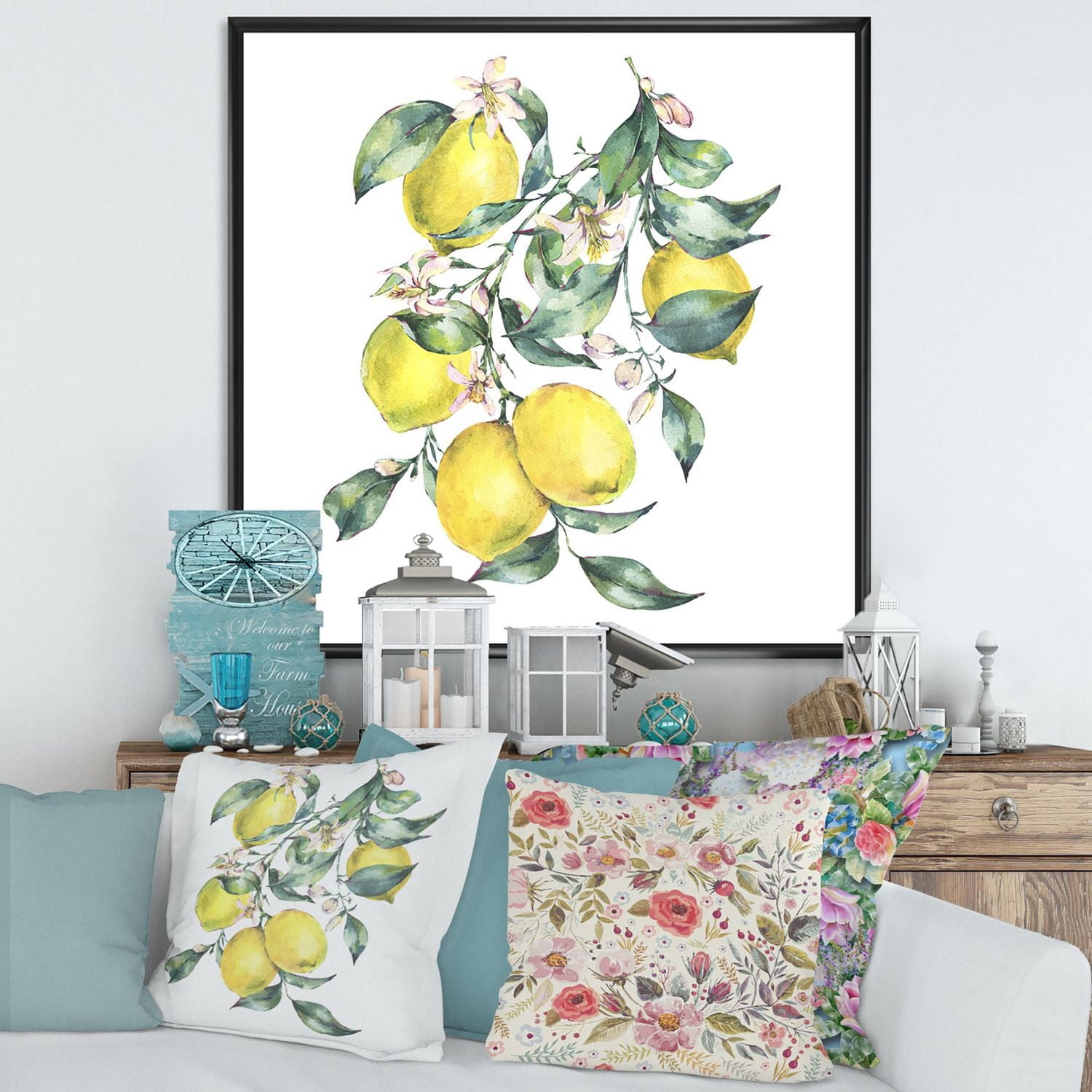 Designart Branche de citrons jaunes et de feuilles I ART MURAL À CADRE FLOTTÉ