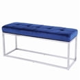 thumbnail image 2 of Blue Velvet Upholstered bench with stainless stain base., 2 of 3