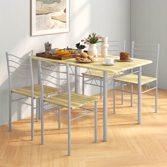 Costway 5 Piece Dining Table Set Wood Metal Kitchen Breakfast Furniture w/4 Chair Walnut