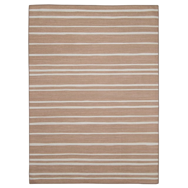 Outdoor Washable Weston Tan & Ivory 2' x 3' Accent Rug with flat pile and horizontal tan and ivory stripes, UV fade resistant, machine washable, and quick-dry with non-slip backing, suitable for high traffic indoor and outdoor spaces.