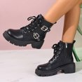 thumbnail image 3 of Womens Mid Calf Combat Boots with Side Zipper Fashion Black Leather Buckle Platform Chunky Motorcycle Riding Short Ankle Booties, 3 of 7