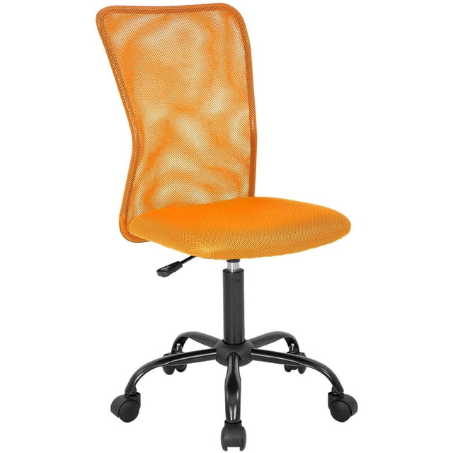 BestOffice Home Office Chair Ergonomic Mesh Executive Mid Back Adjustable, Lumbar Support Rolling for Women Adults, Black. This ergonomic swivel chair features a vibrant orange mesh backrest and seat, a sturdy black metal base with smooth-rolling casters, and an adjustable height lever. Ideal for home offices, bedrooms, or living rooms, it offers lumbar support and mobility.