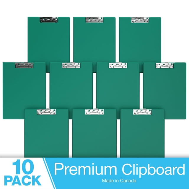 Davis Group Essential Clipboards 10-pack in teal green, made of durable PVC-free polypropylene with silver metal clips and clear interior pockets for document security, ideal for office and school presentations and reports.