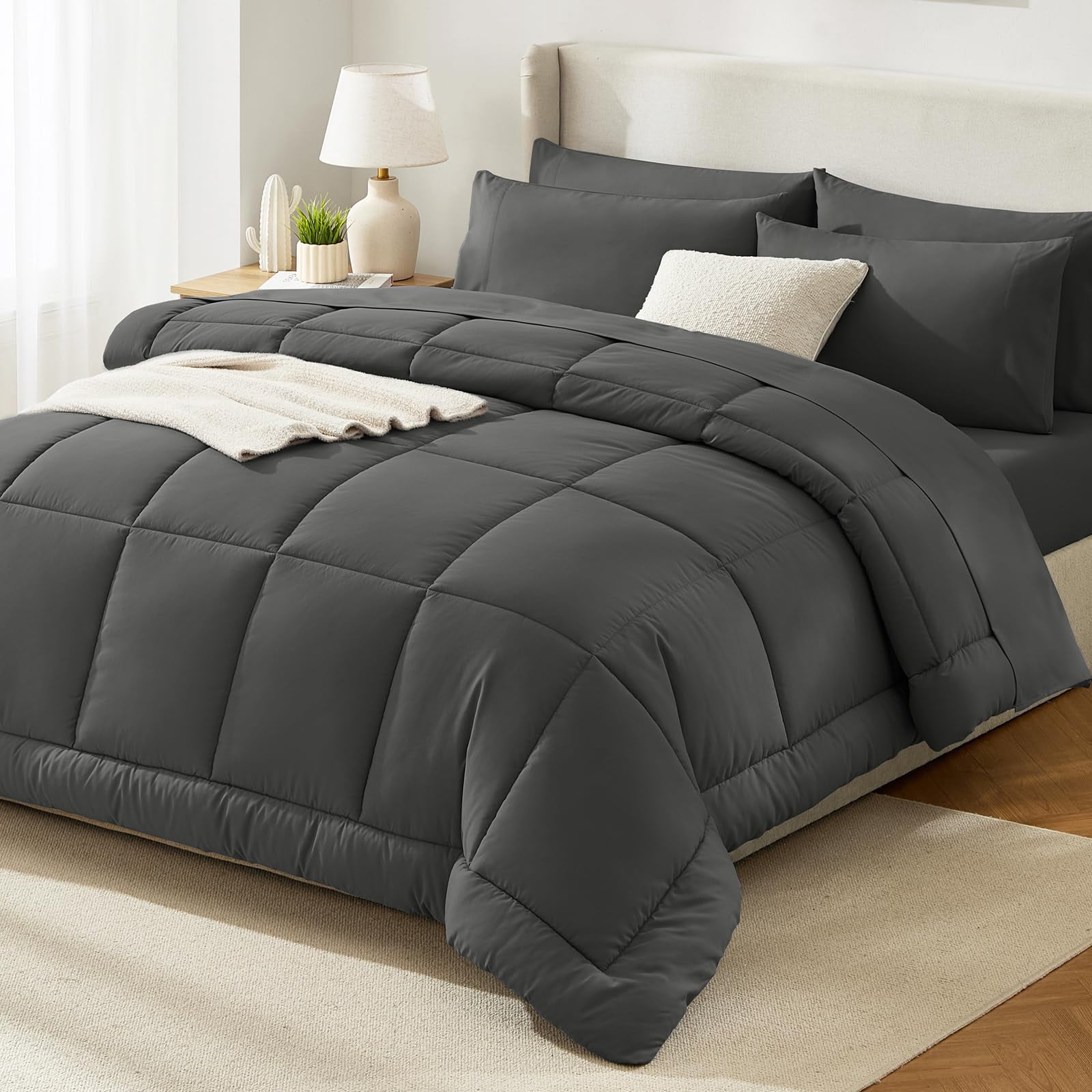 HIMEET Queen Comforter Set Dark Grey, Luxury Soft Bed in a Bag, Fluffy Dark Gray Bed Set Queen Size 7 Pieces, All Seasons Bedding Sets with Comforter, Flat Sheet, Fitted