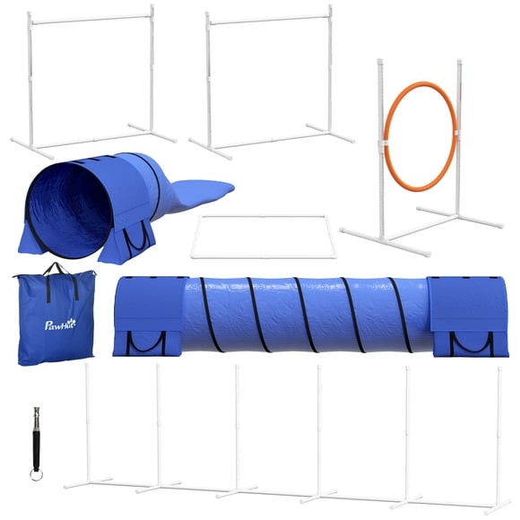 PawHut 7 Pcs Dog Agility Training Equipment w/ Tunnels, Adjustable Hurdles