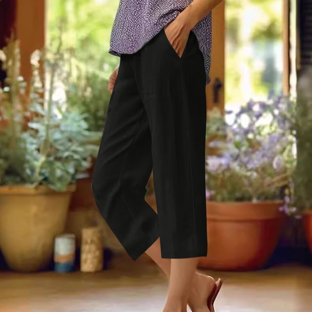 DPTALR Women's Summer Cotton And Linen Solid Color Pockets Elastic Waist Capris Shorts Pants