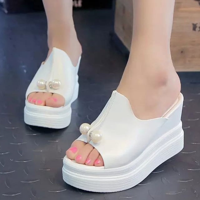 Womens Ladies Slippers Thick-Bottom Solid Pearl Waterproof Wedge Sandals Shoes