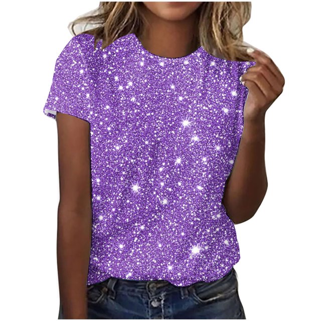 Plebaso T-Shirts de Mode pour Femmes à Imprimé Scintillant, Manches Courtes, T-Shirts Graphiques, Hauts Décontractés à Col Rond