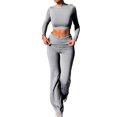 thumbnail image 1 of Honganda Women Spring Outfits Solid Color Long Sleeves Crop Tops Bootcut Pants  2 Pcs Set Streetwear Aesthetic Clothes, 1 of 9