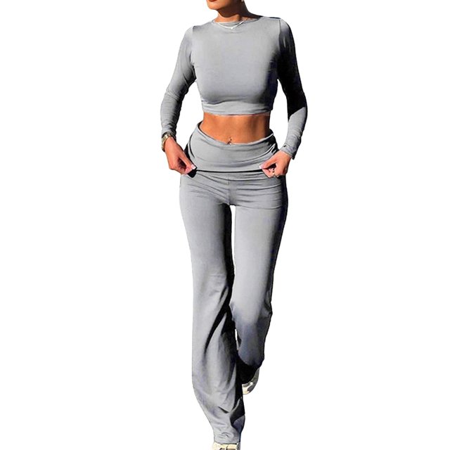 Honganda Women Spring Outfits Solid Color Long Sleeves Crop Tops Bootcut Pants 2 Pcs Set Streetwear Aesthetic Clothes