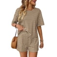 thumbnail image 4 of Striped 2 Piece Sweater Set for Womens Summer Short Sleeve Tops Loose Matching Shorts Lounge Sets Tracksuit, 4 of 5