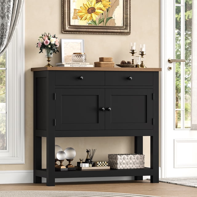 Homfa Table Console Style Ferme avec 2 Tiroirs et Portes, Table de Sofa avec Armoire de Rangement et Tablette Ouverte pour Salon et Entrée, Noir et Brun