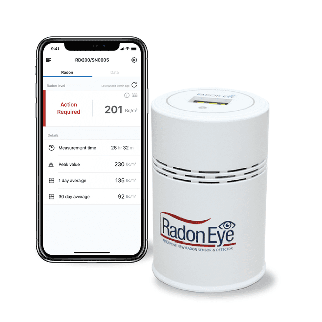 Ecosense RD200W RadonEye home radon detector with a sleek cylindrical white design and OLED display, paired with a smartphone showing real-time radon monitor readings, detailed radon detection charts, and app-based data logging. Features Bluetooth connectivity for accurate radon gas monitoring in homes and offices.