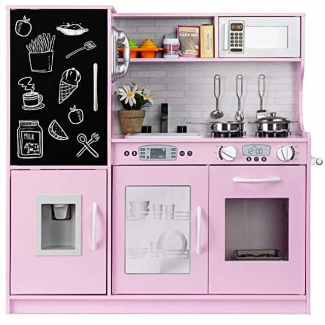 Best Choice Products Pretend Play Kitchen Wooden Toy Set for Kids with Realistic Design, Telephone, Utensils, Oven, Microwave, Sink - Pink