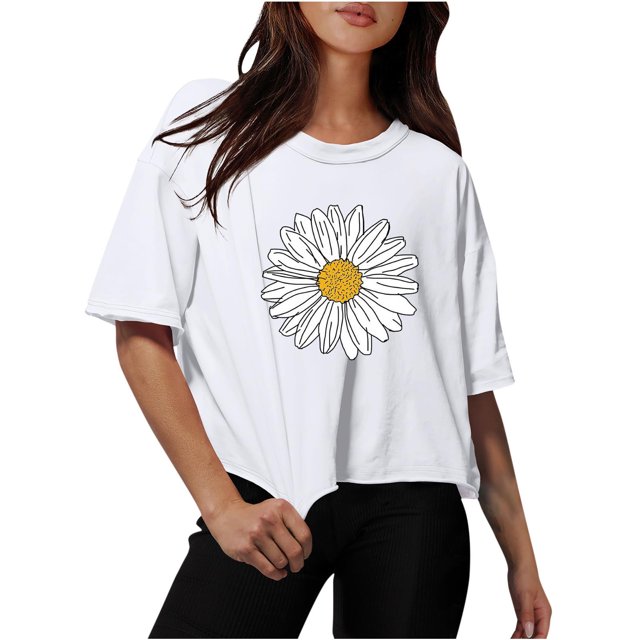 Women Drop Shoulder Round Neck Oversized Crop Tops Workout Tops Tees