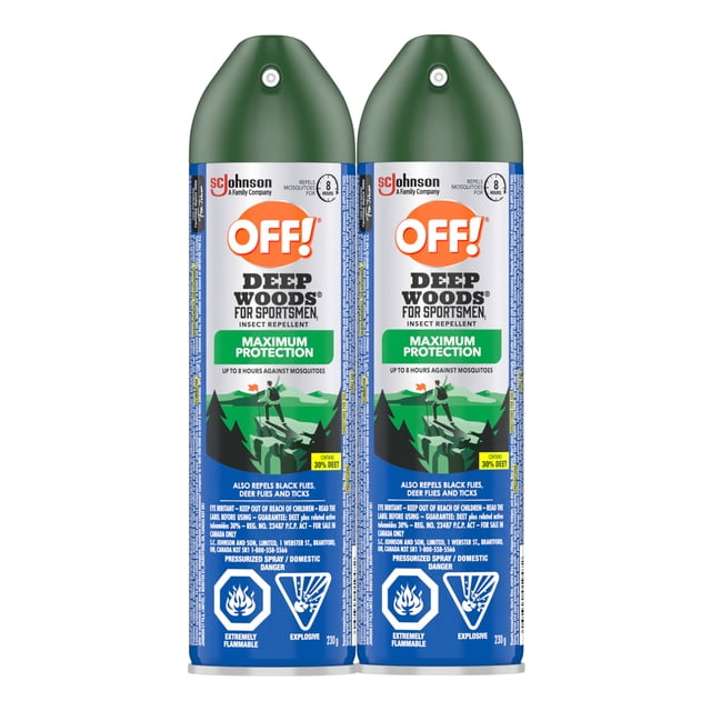 OFF! Deep Woods Sportsmen 30% Deet Insect Repellent 2 pack with two aerosol spray cans featuring green caps and labels highlighting maximum protection against mosquitoes, black flies, deer flies, and ticks for up to 8 hours, ideal for outdoor pest control during camping, fishing, and hiking.