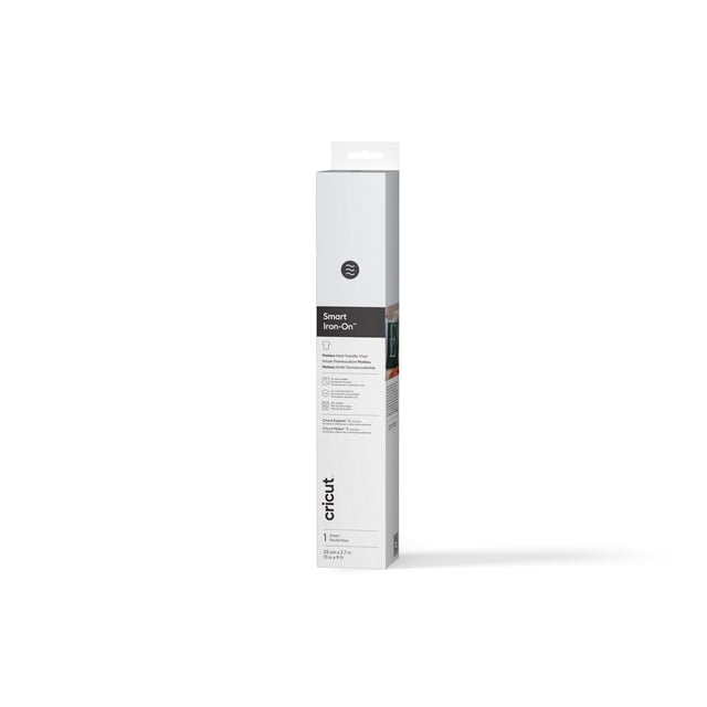 Cricut® Smart Iron-On™ Matless Heat Transfer Vinyl (9 ft), White roll packaging shown upright with product details including no machine mat needed, continuous cuts up to 12 ft, and durability for 30+ washes, measuring 13 in x 9 ft (33 cm x 2.7 m), suitable for personalizing fabrics and layering designs.