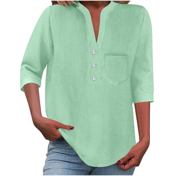 Lenpel Women's 3/4 Sleeve Tops V Neck Half Button Solid Color Business Casual Work Shirts Loose Tunic Blouses