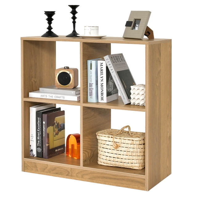 Costway Kids Toy Storage Organizer 4-Cube Wooden Display Bookcase with Anti-toppling Device in natural finish. Designed for kids' rooms, it features four open compartments and a spacious tabletop for organizing toys, books, and supplies. Made of durable engineered wood with a sturdy base and anti-toppling device for safety. Ideal for nurseries, kindergartens, or as kids' furniture.