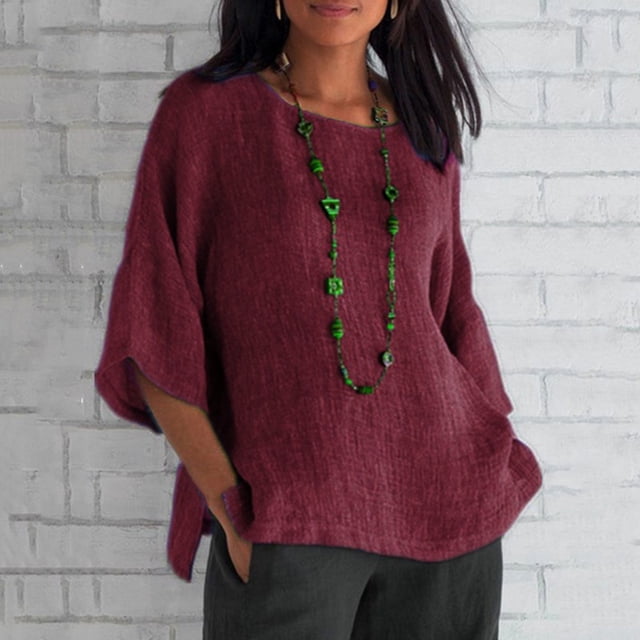 Pisexur Hauts d'Été Décontractés en Coton pour Femmes 2024 Manches 1/2 Col Rond T-shirts Doux Confortables Mode Fluide Blouses Amples Classiques