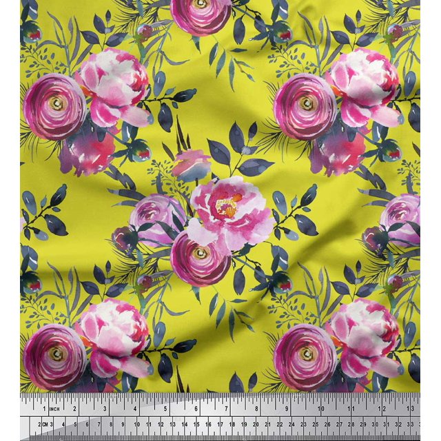 Soimoi Tissu Crêpe polyester Jaune Imprimé Floral Ranunculus & Penoy au Mètre 42 Pouces de Large